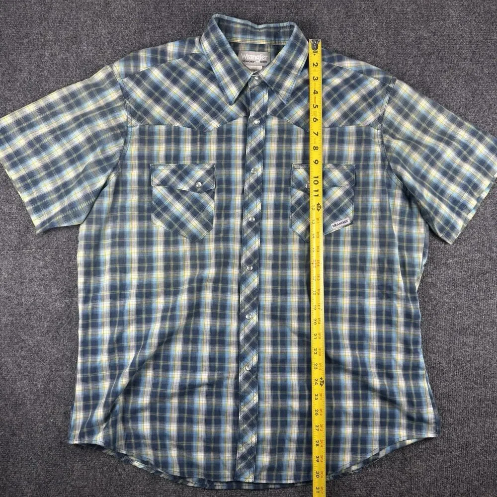 Wrangler Shirt Mens XL Blue Yellow Western Pearl Snap Short Sleeve Wrancher